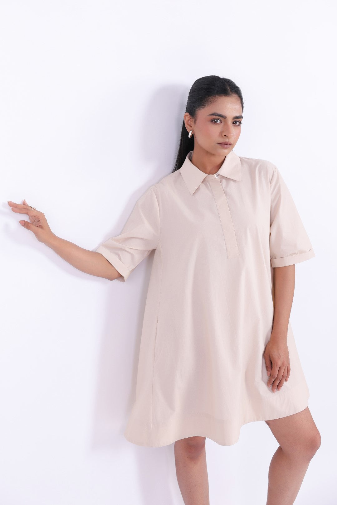 Women's Beige Solid Cotton Dress