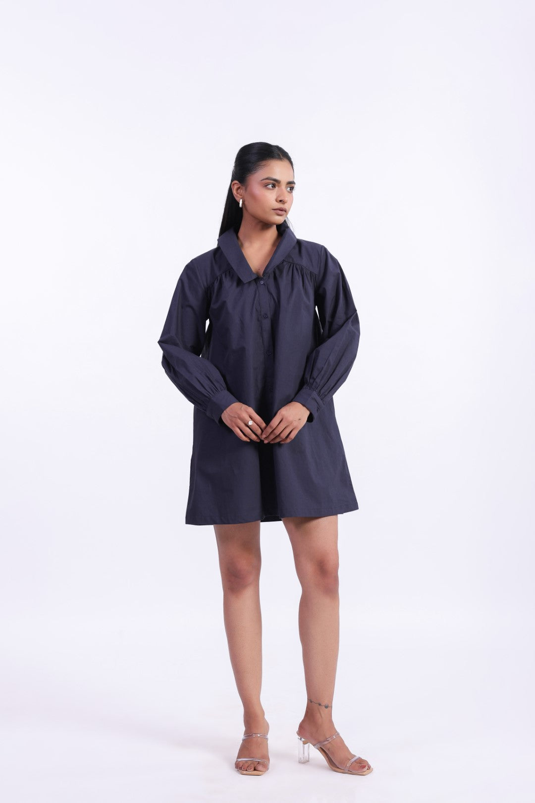 Women's Navy Solid Cotton Dress
