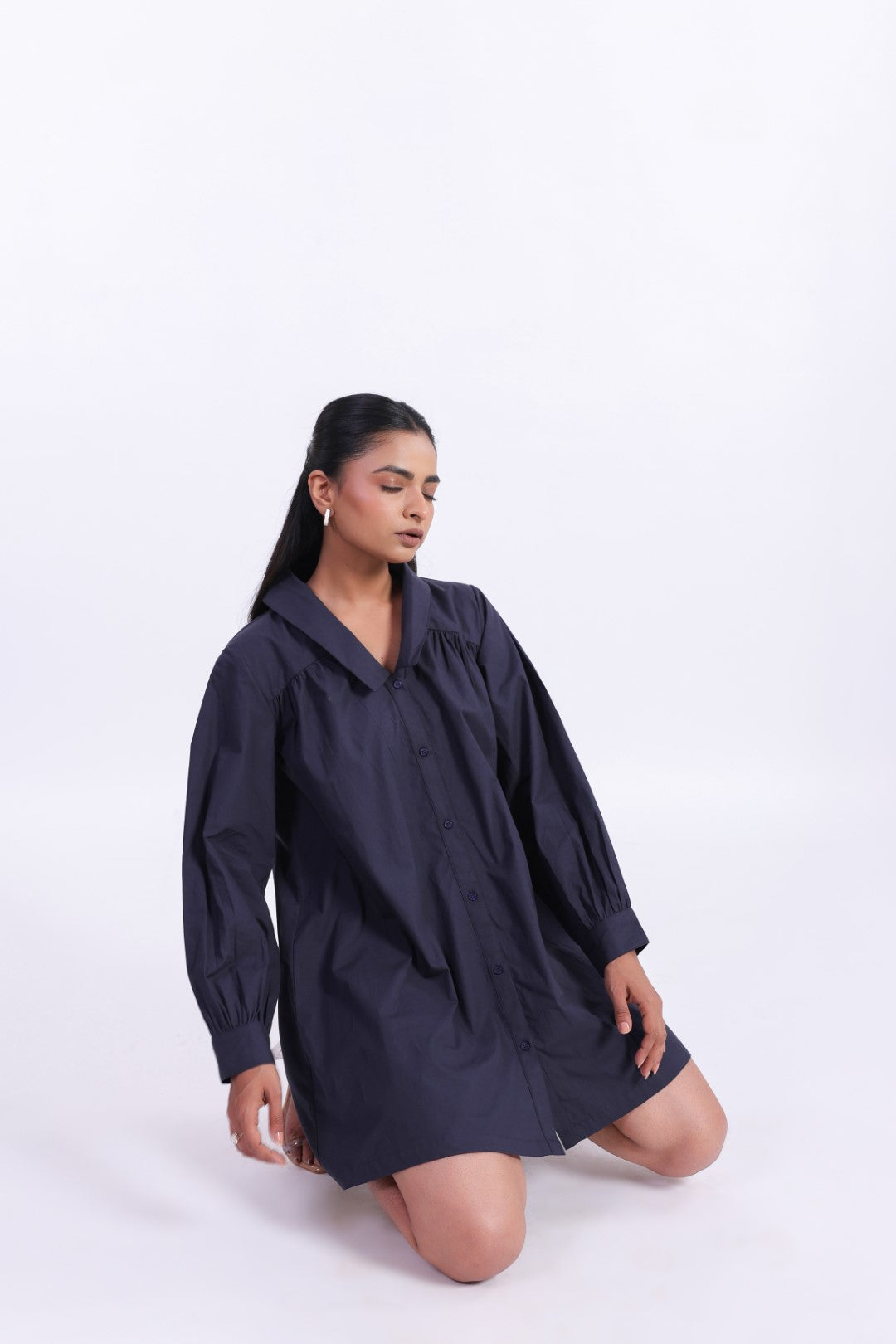 Women's Navy Solid Cotton Dress