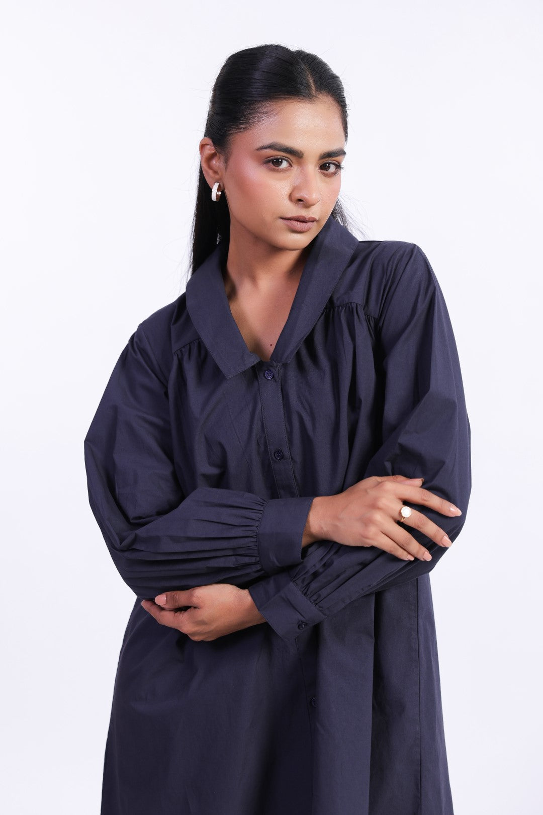 Women's Navy Solid Cotton Dress