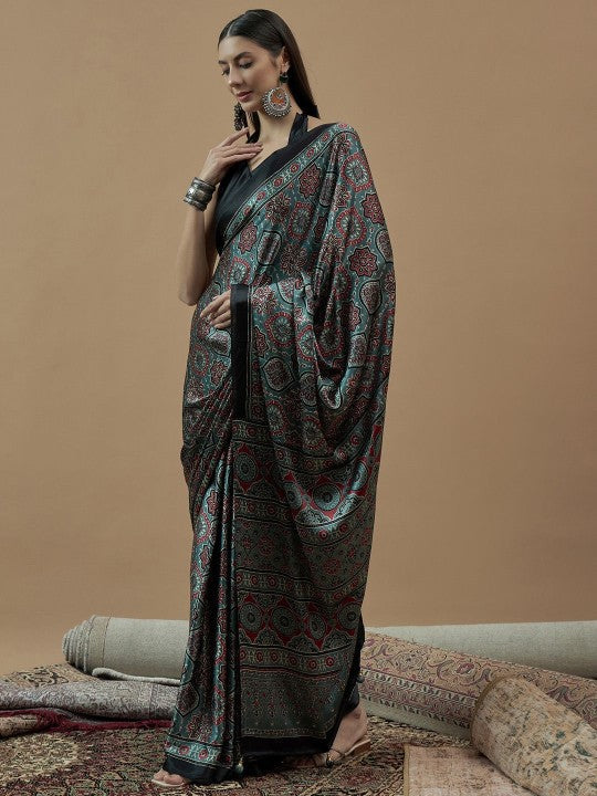 Sea Green Ajrak Crepe Block Print Sarees