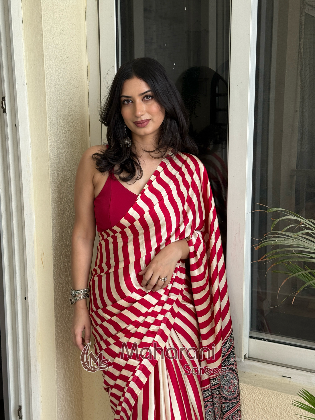 Redish Maroon Striped Ajrakh Hand-Printed Modal Silk Saree
