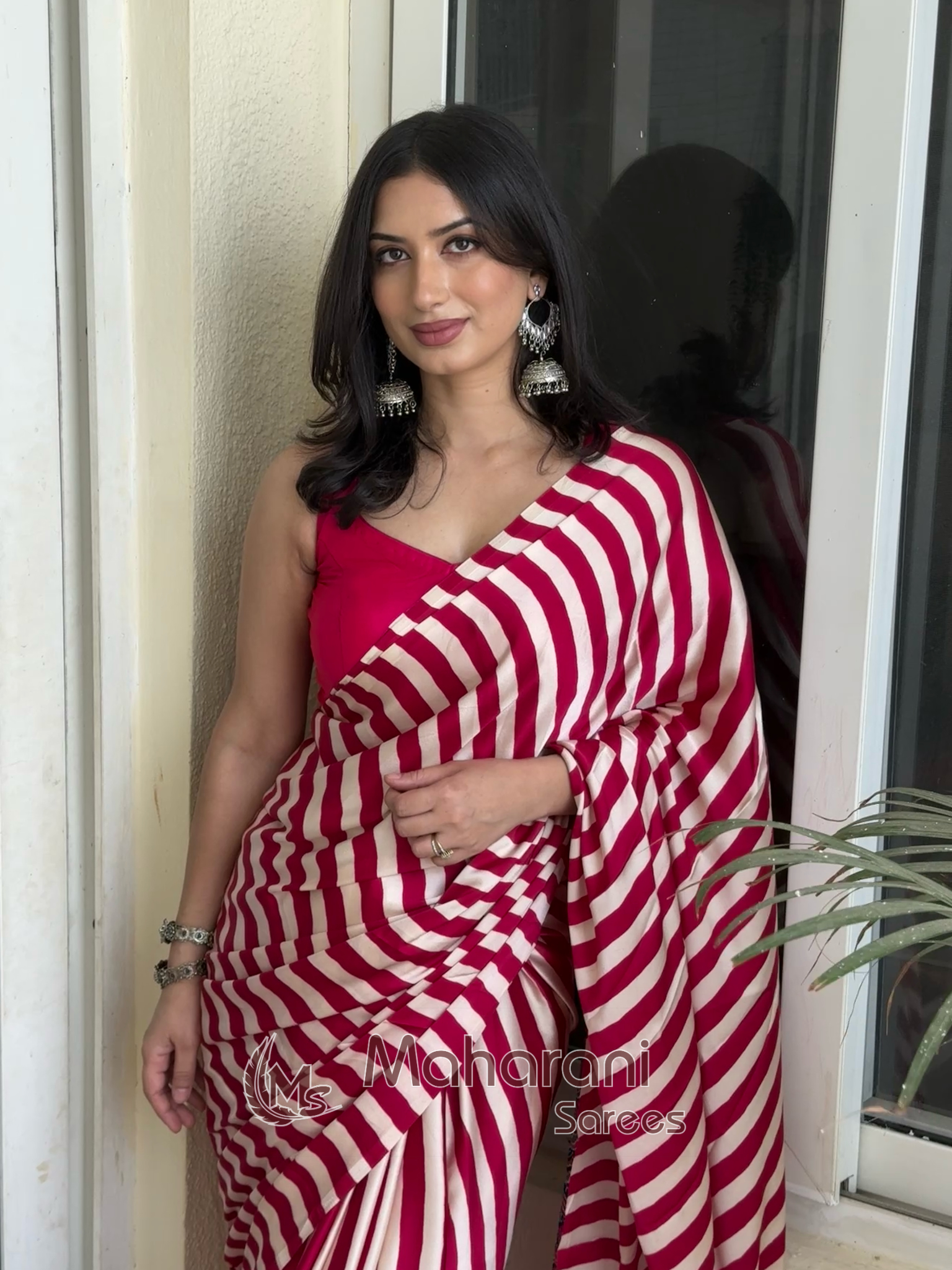 Rose Pink Striped Ajrakh Hand-Printed Modal Silk Saree
