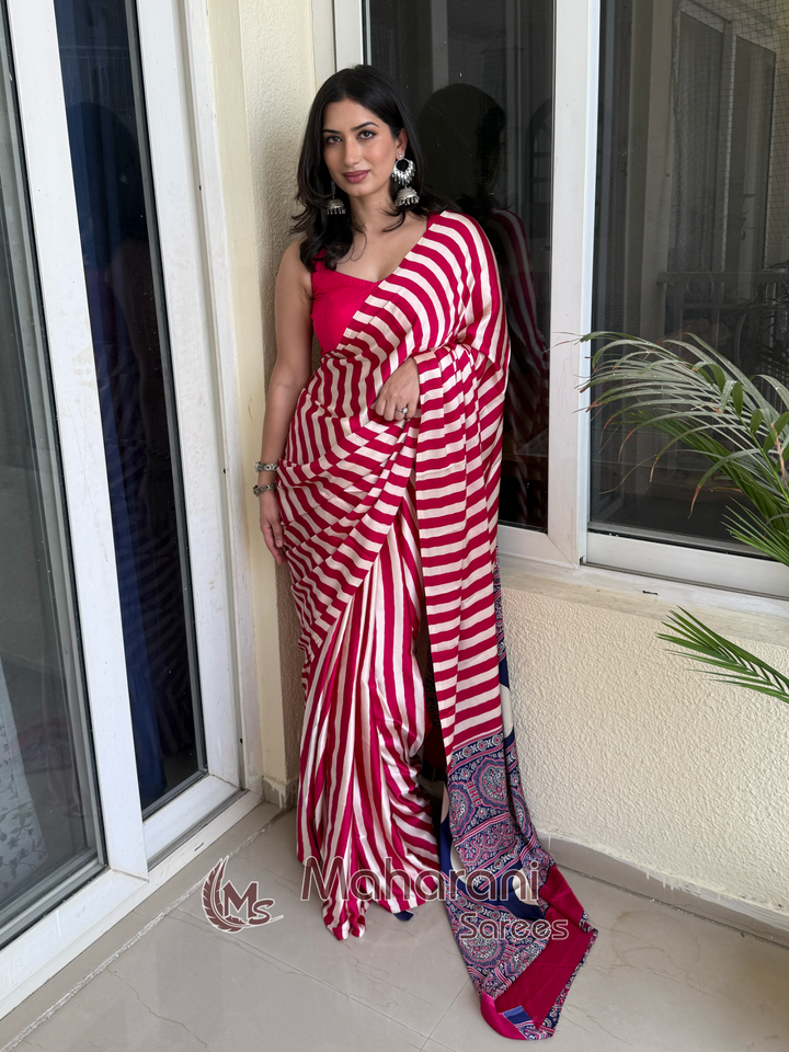 Rose Pink Striped Ajrakh Hand-Printed Modal Silk Saree