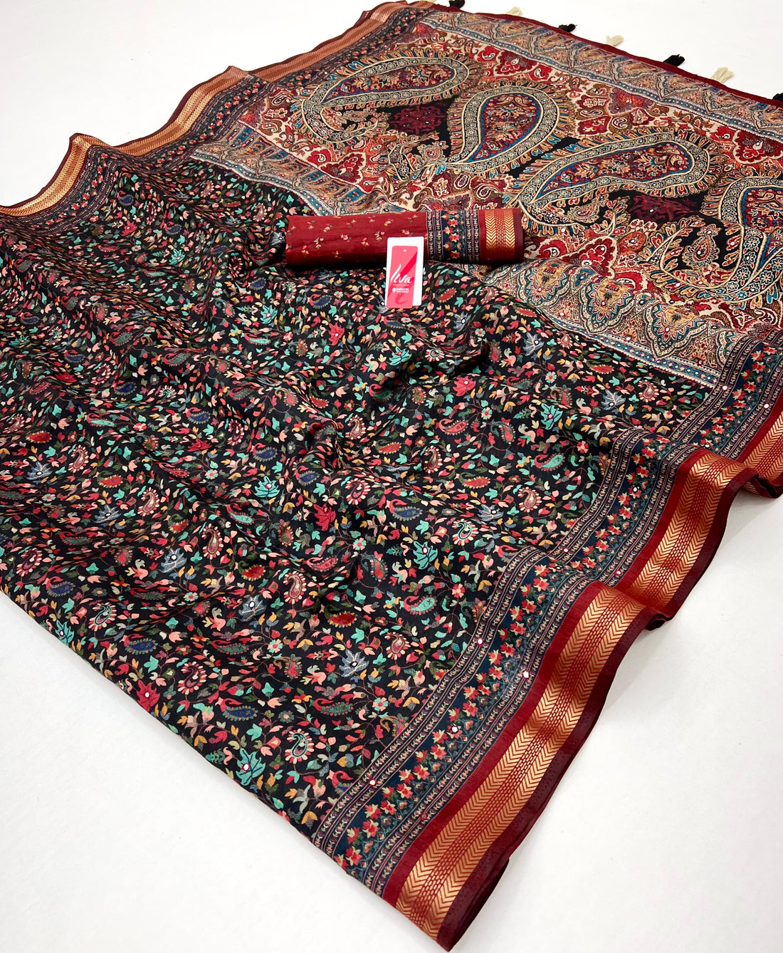 Stylish Black Ajrakh Kalamkari Pure Maslin Silk Saree with Mirror Work