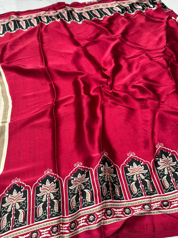 Creamy With Maroon Border Ajrakh Hand-Printed Modal Silk Saree