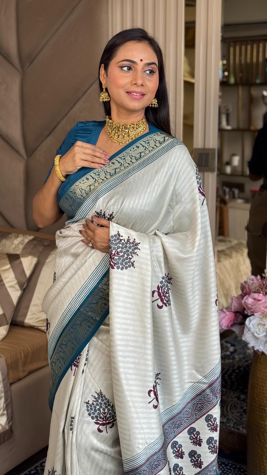 Outstanding Rama And Cream Ajrakh Kashmiri Modal silk Buta Leriya Saree