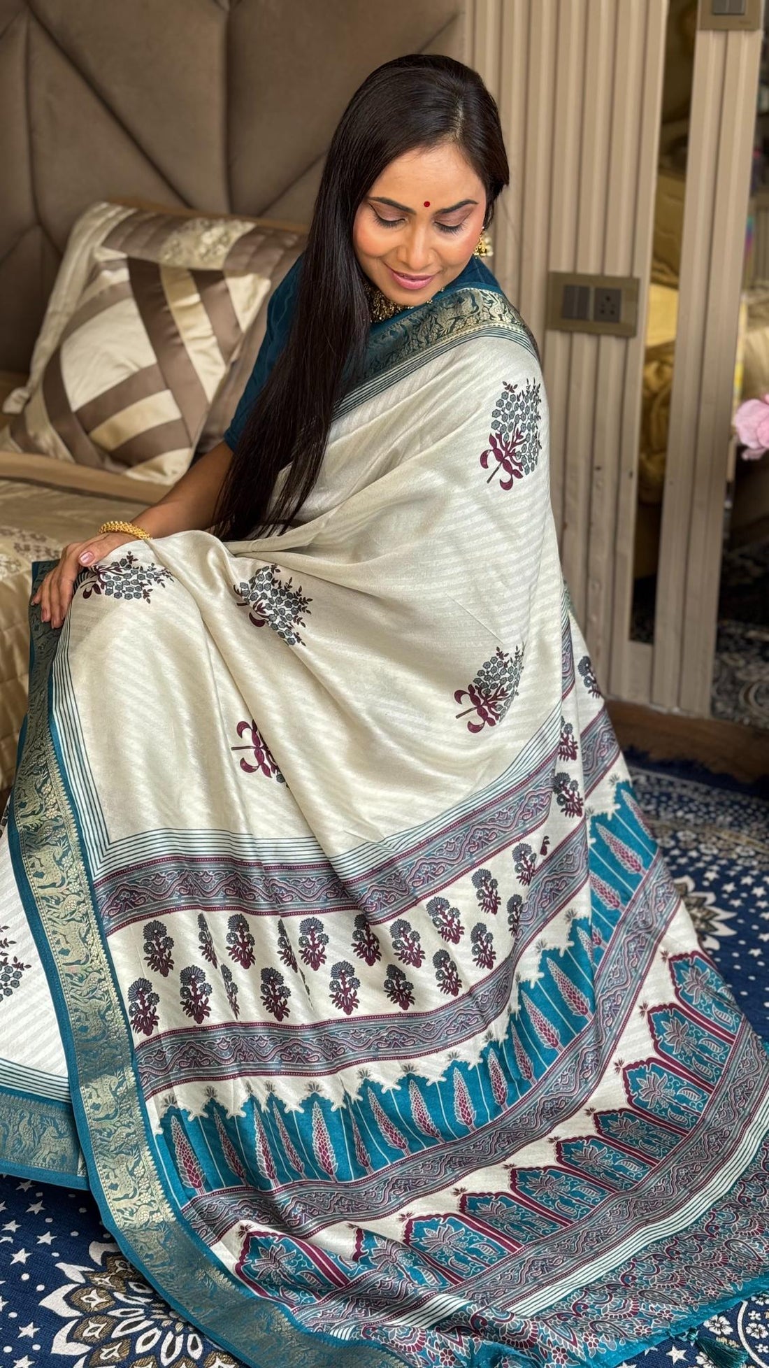 Outstanding Rama And Cream Ajrakh Kashmiri Modal silk Buta Leriya Saree