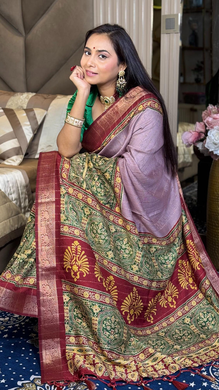 Alluring Hot Pink Ajrakh Kashmiri Modal silk Saree