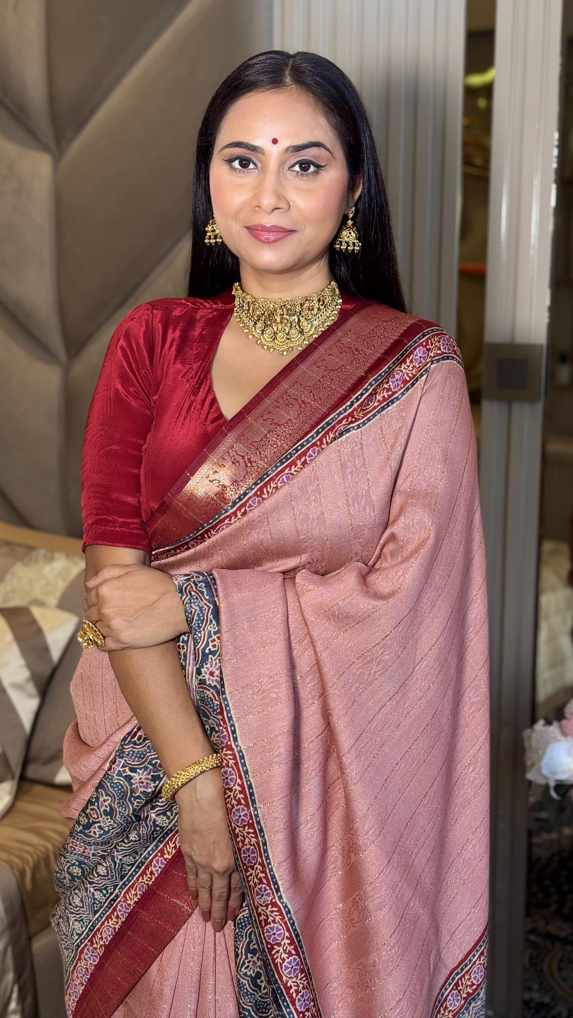 Luxe Peach And MaroonAjrakh Kashmiri Modal silk Saree