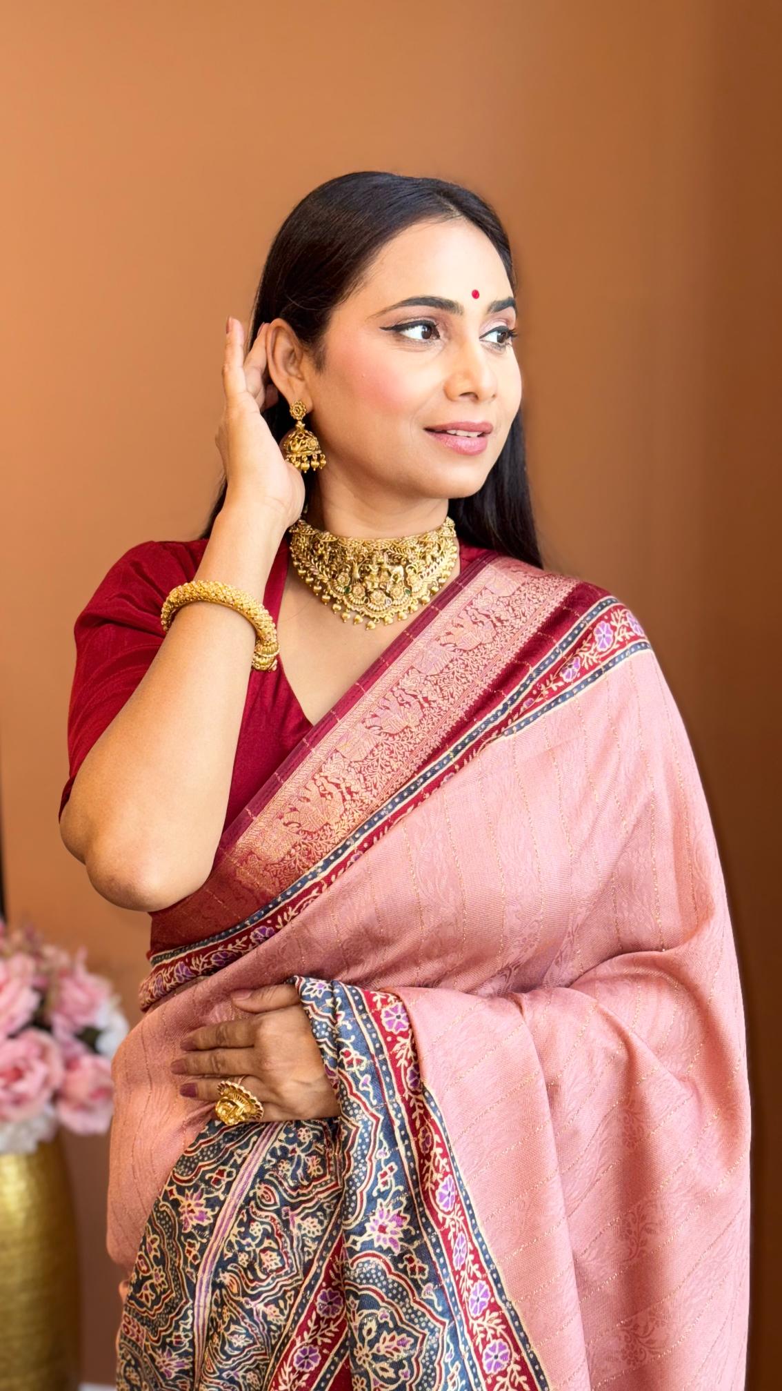 Luxe Peach And MaroonAjrakh Kashmiri Modal silk Saree