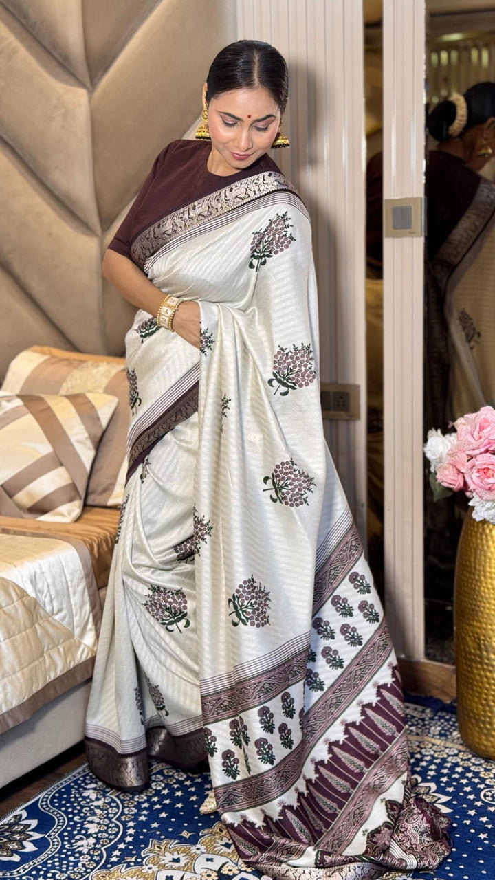 Adorable Wine And Cream Ajrakh Kashmiri Modal silk Buta Leriya Saree