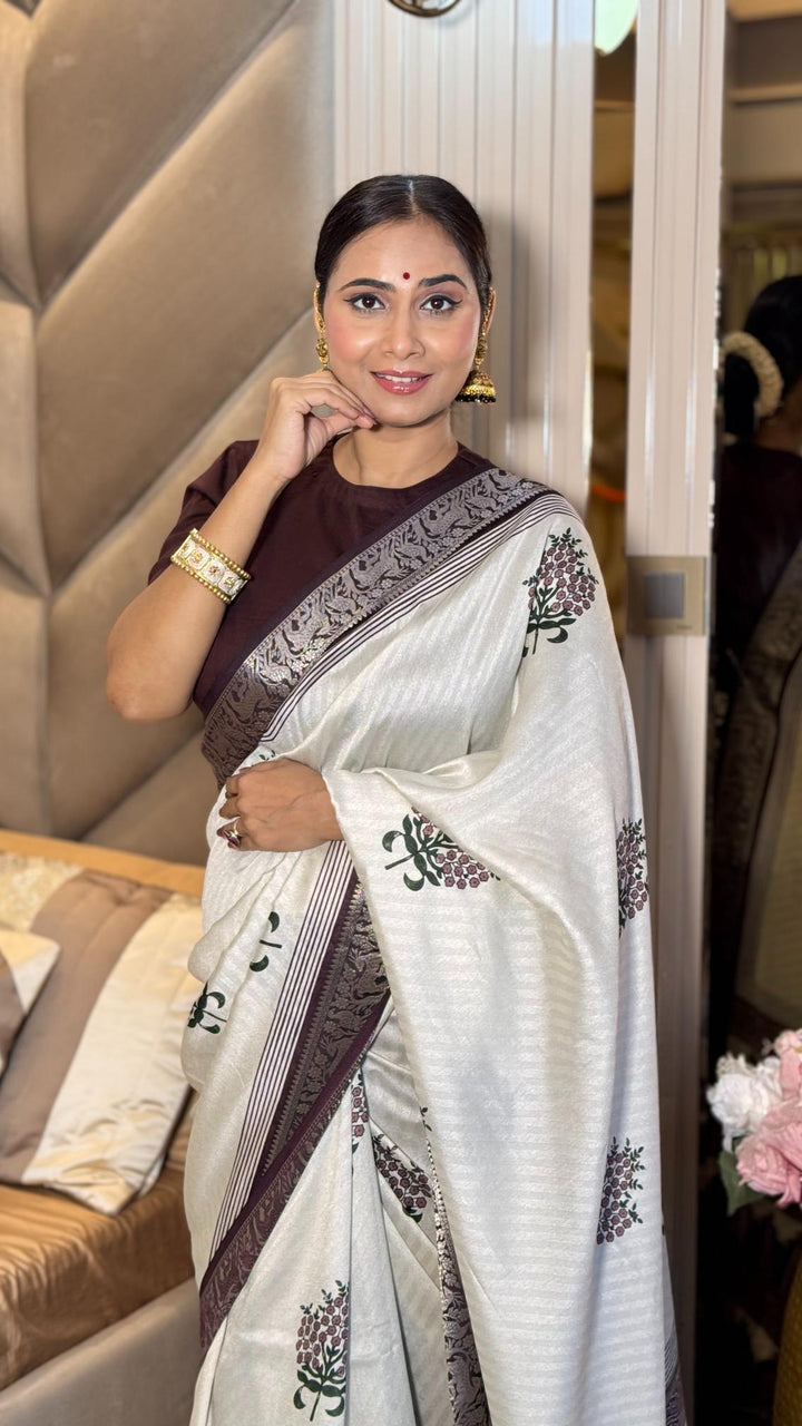 Adorable Wine And Cream Ajrakh Kashmiri Modal silk Buta Leriya Saree