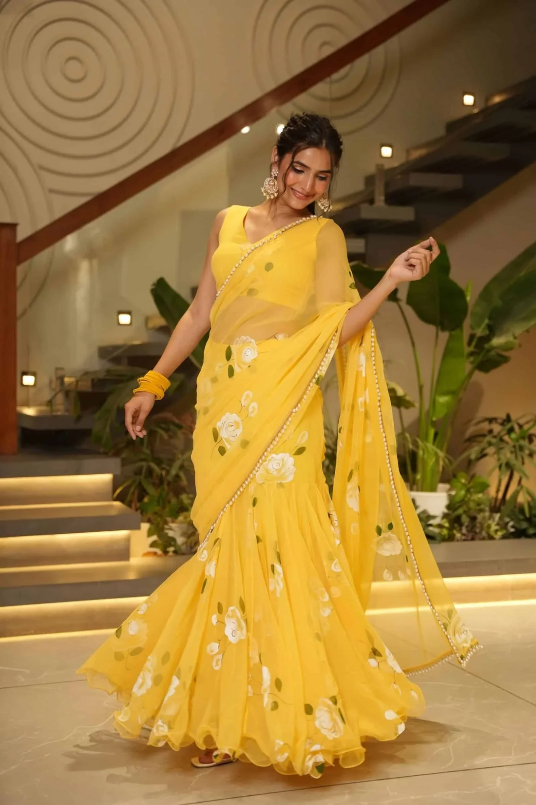 Sunshine Bloom Yellow Saree with White Rose Print