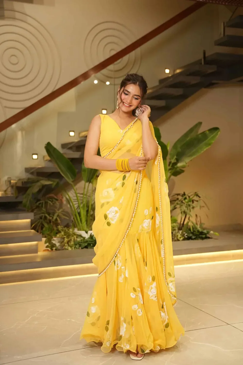 Sunshine Bloom Yellow Saree with White Rose Print
