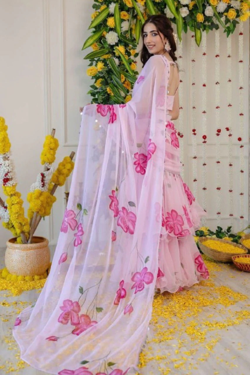 Pink Blossom Teby Silk Digital Lehenga Saree