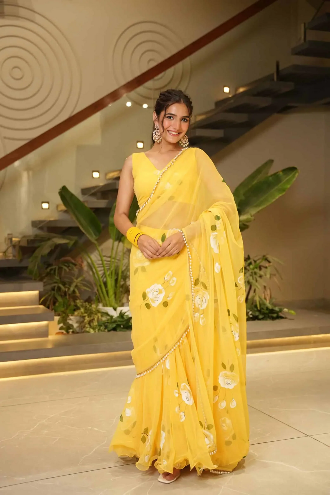 Sunshine Bloom Yellow Saree with White Rose Print