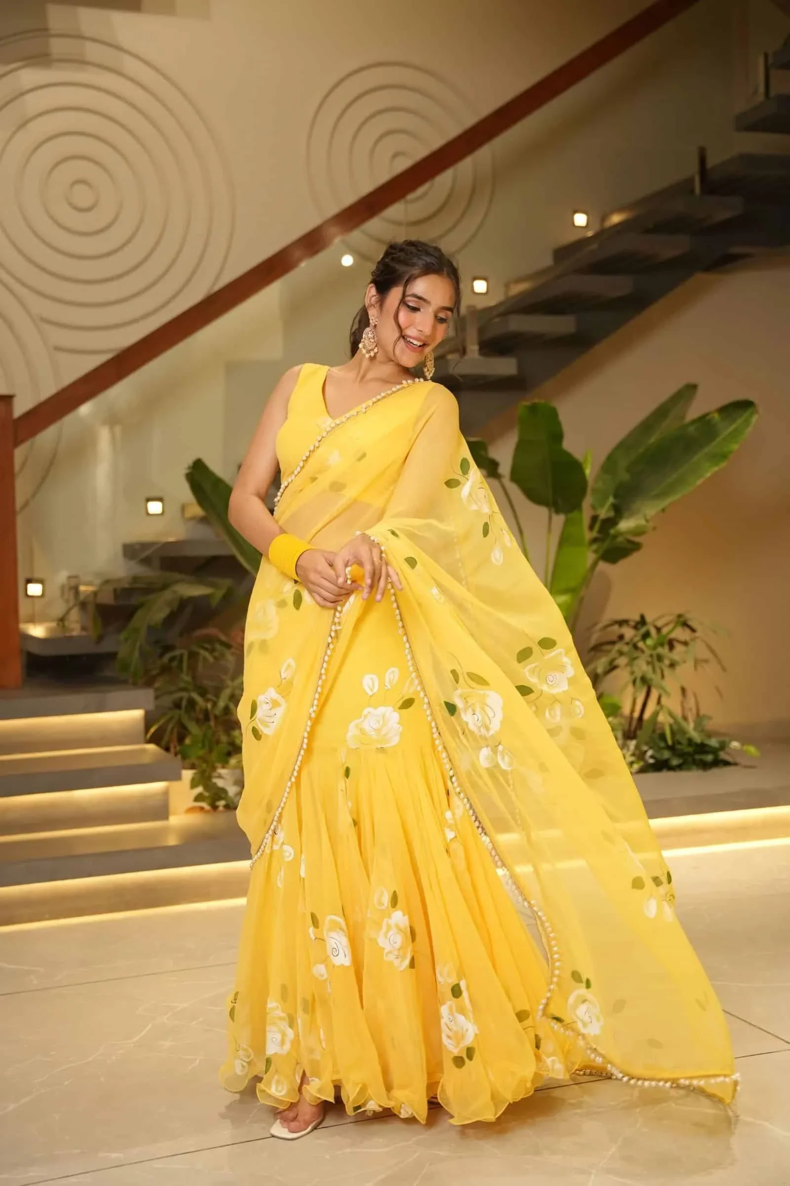 Sunshine Bloom Yellow Saree with White Rose Print