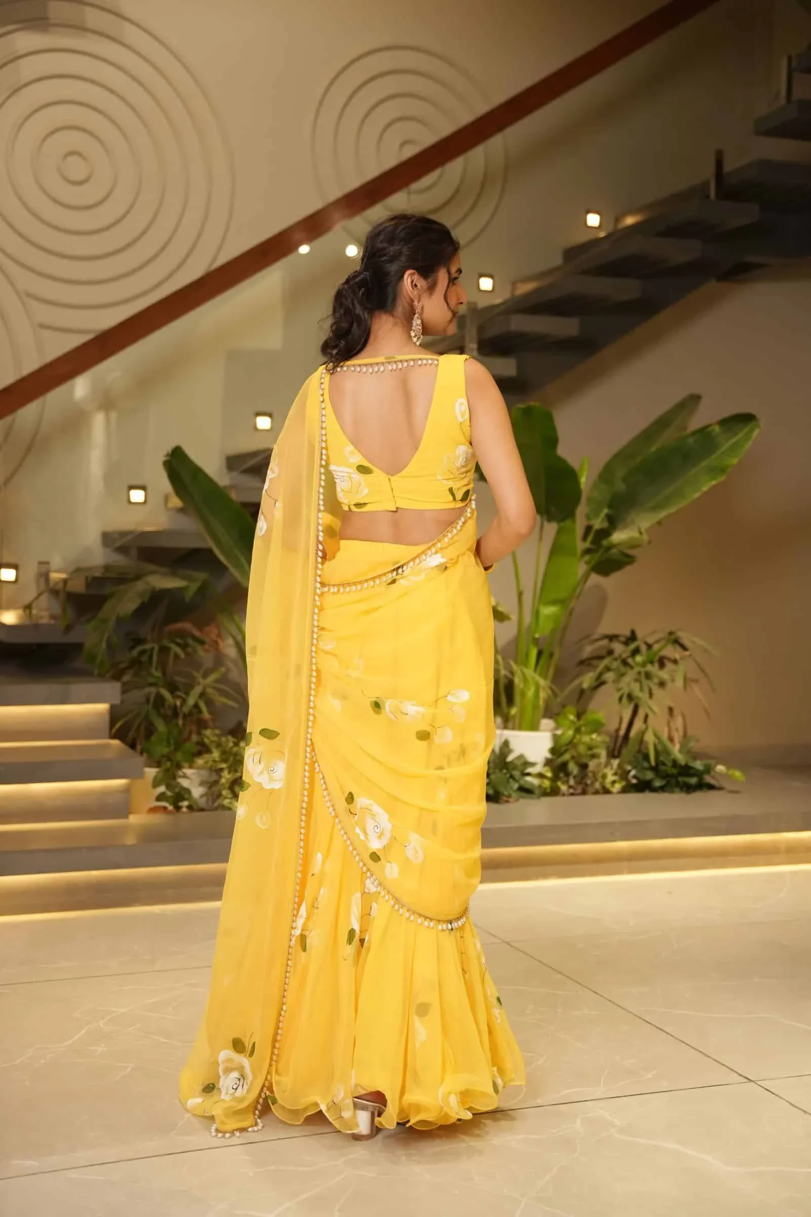 Sunshine Bloom Yellow Saree with White Rose Print