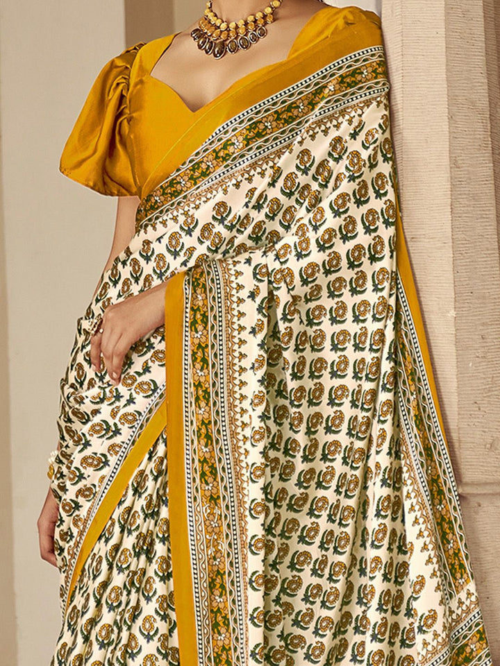 Snowy White And Yellow New Ajrakh Printed Satin Crepe Saree